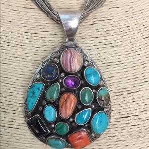 Rare Find T BENNALY Navajo Artist 925 + 18 Gemstones Pendant on 925 Silver Chain